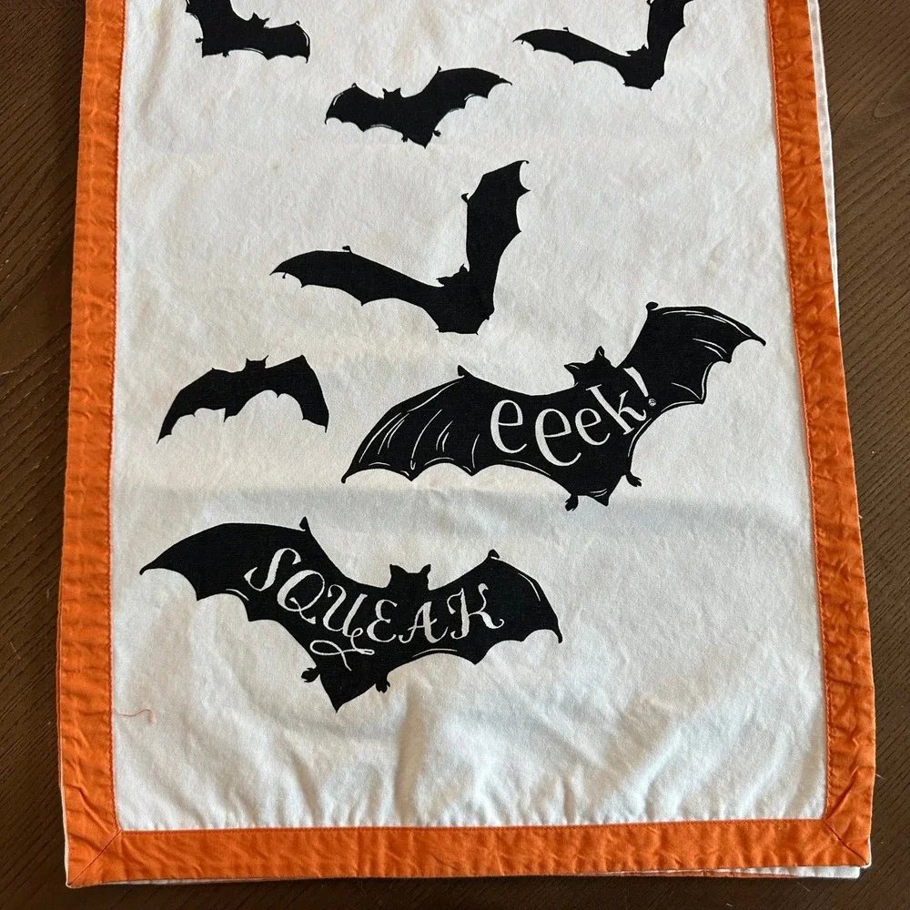 Pottery Barn Kids Halloween Bat Table Runner White Orange Eeek Squeak 17x64